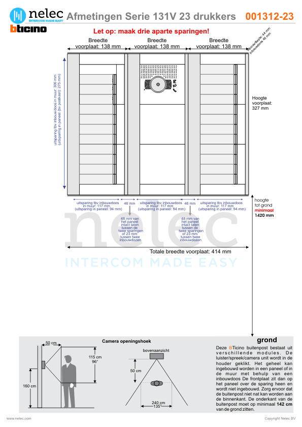 Afmetingen van BTIcino Serie 131V deurstation met 23 BTicino beldrukkers