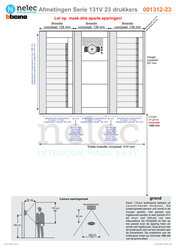 Afmetingen BTIcino intercom Serie 131V deurstation met 23 BTicino beldrukkers Afmetingen van BTIcino Serie 131V deurstation met 23 BTicino beldrukkers