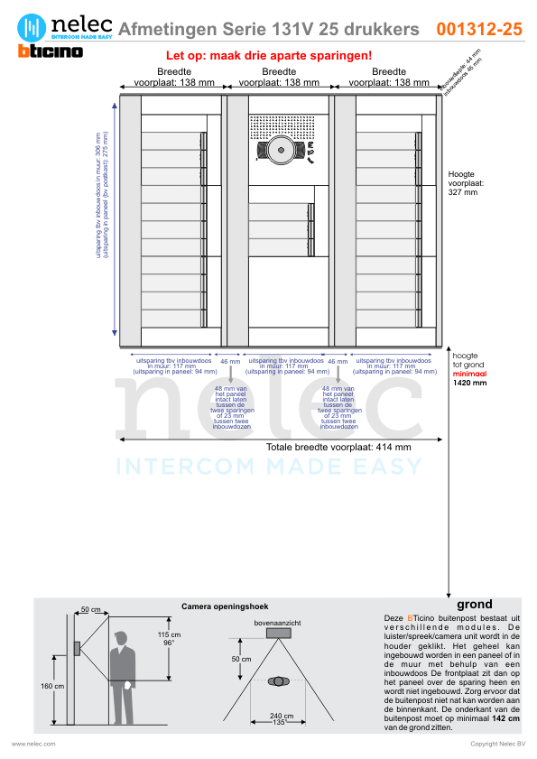 Afmetingen van BTIcino Serie 131V deurstation met 25 BTicino beldrukkers