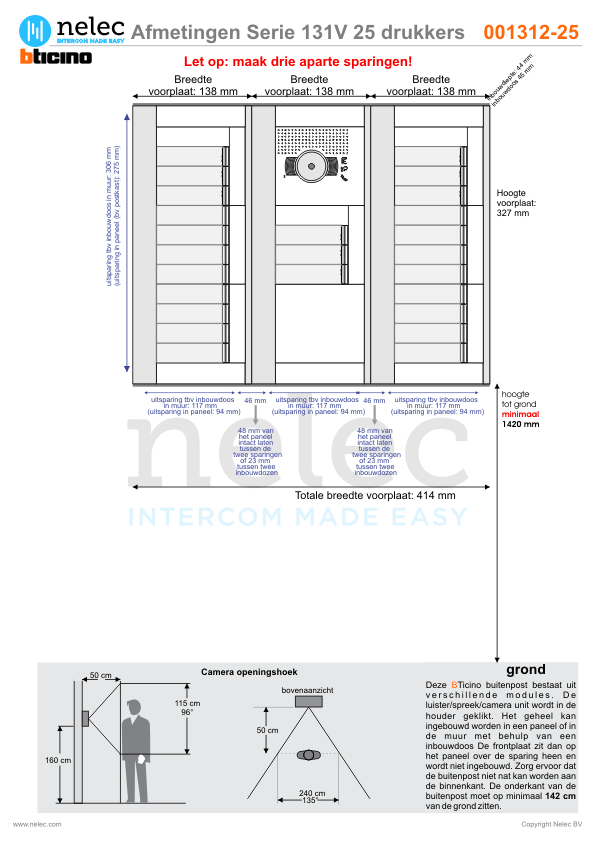 Afmetingen BTIcino intercom Serie 131V deurstation met 25 BTicino beldrukkers Afmetingen van BTIcino Serie 131V deurstation met 25 BTicino beldrukkers