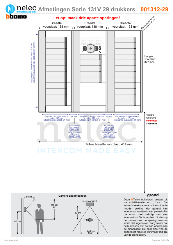 Afmetingen van BTIcino Serie 131V deurstation met 29 BTicino beldrukkers