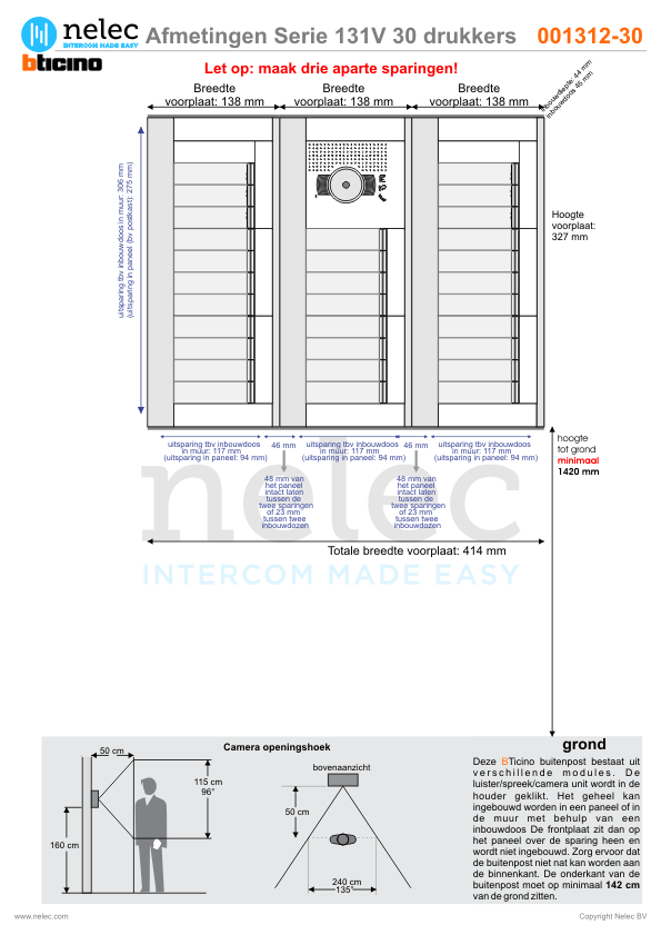 Afmetingen van BTIcino Serie 131V deurstation met 30 BTicino beldrukkers