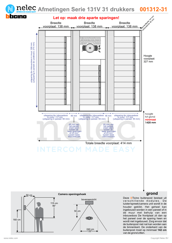 Afmetingen van BTIcino Serie 131V deurstation met 31 BTicino beldrukkers