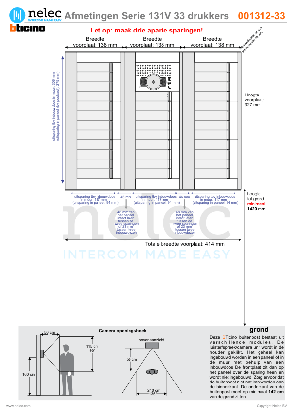 Afmetingen BTIcino intercom Serie 131V deurstation met 33 BTicino beldrukkers Afmetingen van BTIcino Serie 131V deurstation met 33 BTicino beldrukkers