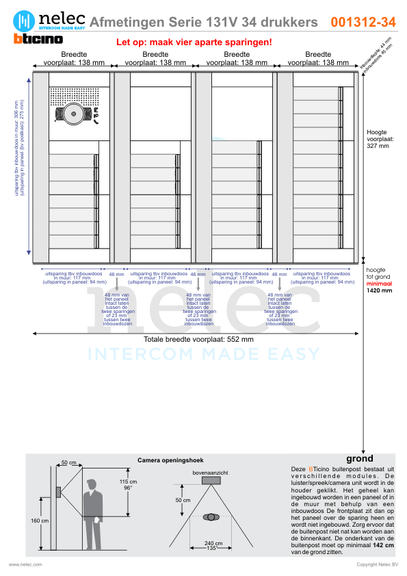 Afmetingen van BTIcino Serie 131V deurstation met 34 BTicino beldrukkers