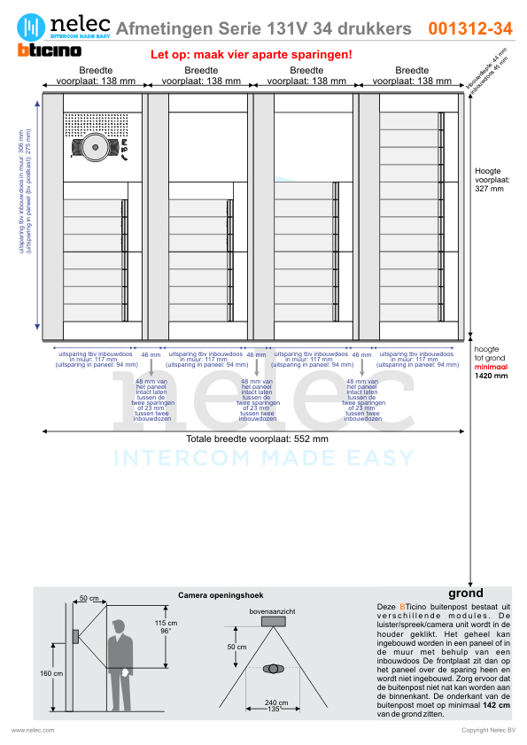 Afmetingen BTIcino intercom Serie 131V deurstation met 34 BTicino beldrukkers Afmetingen van BTIcino Serie 131V deurstation met 34 BTicino beldrukkers