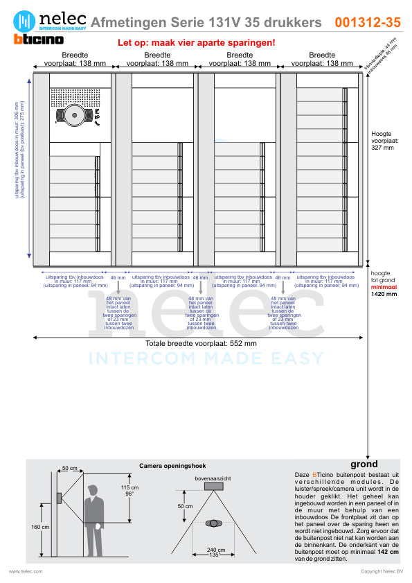 Afmetingen van BTIcino Serie 131V deurstation met 35 BTicino beldrukkers