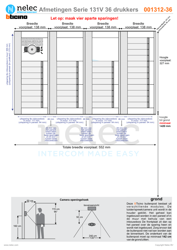 Afmetingen van BTIcino Serie 131V deurstation met 36 BTicino beldrukkers