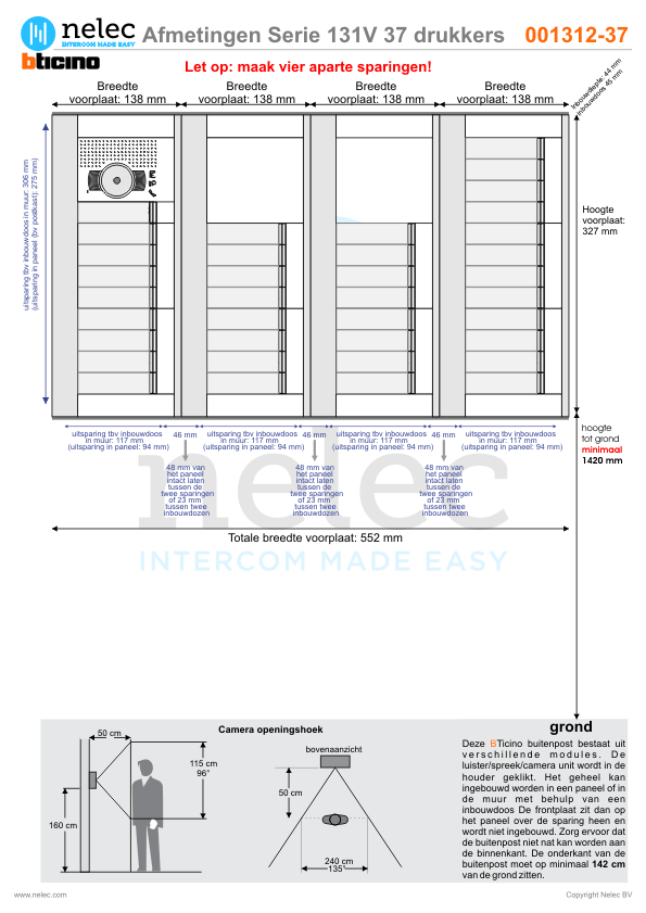 Afmetingen van BTIcino Serie 131V deurstation met 37 BTicino beldrukkers