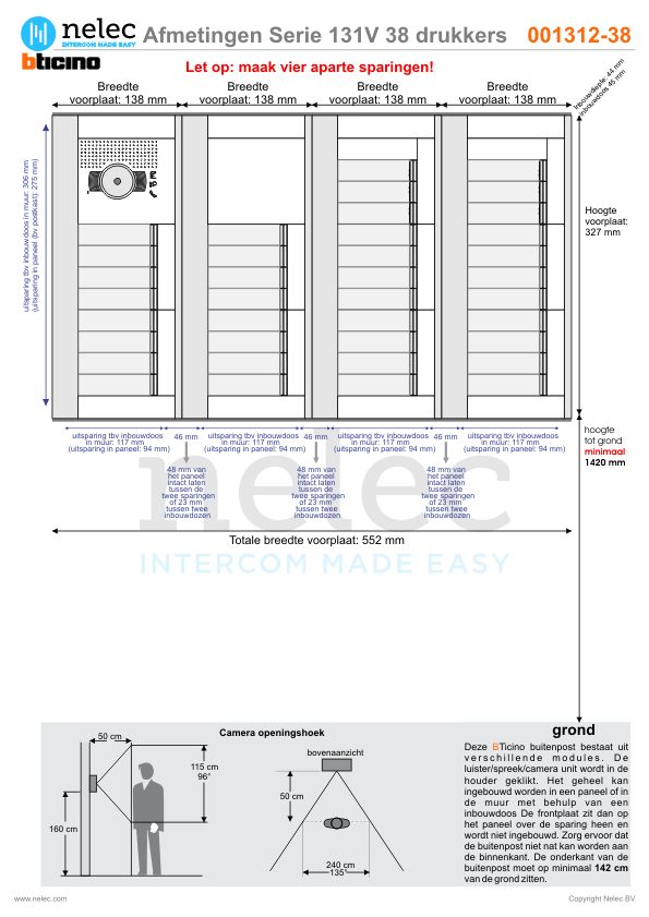 Afmetingen van BTIcino Serie 131V deurstation met 38 BTicino beldrukkers