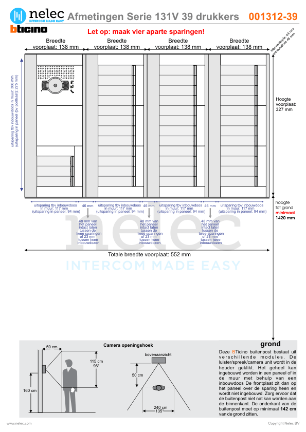 Afmetingen van BTIcino Serie 131V deurstation met 39 BTicino beldrukkers