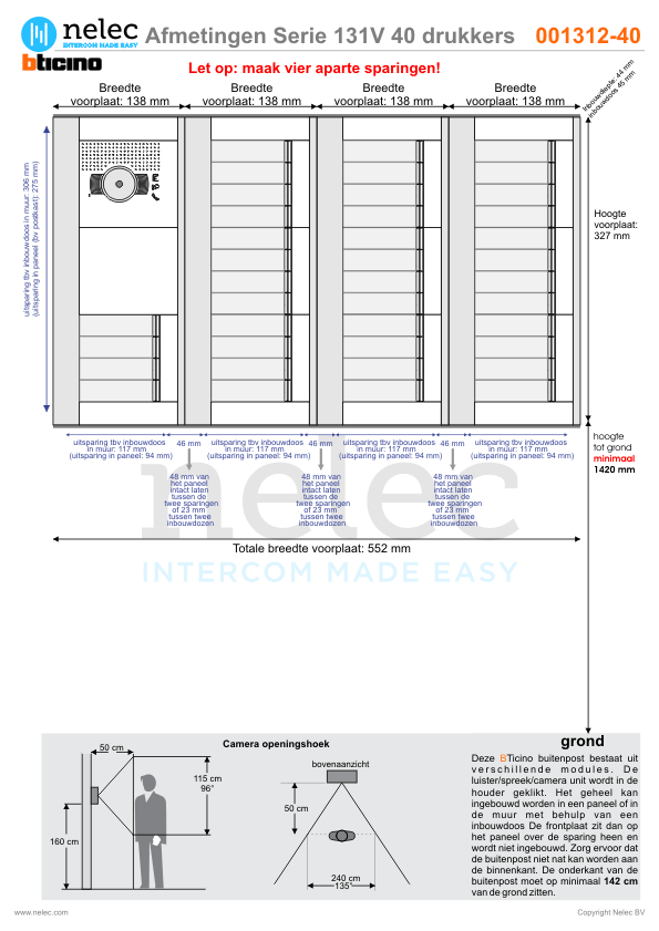 Afmetingen BTIcino intercom Serie 131V deurstation met 40 BTicino beldrukkers Afmetingen van BTIcino Serie 131V deurstation met 40 BTicino beldrukkers