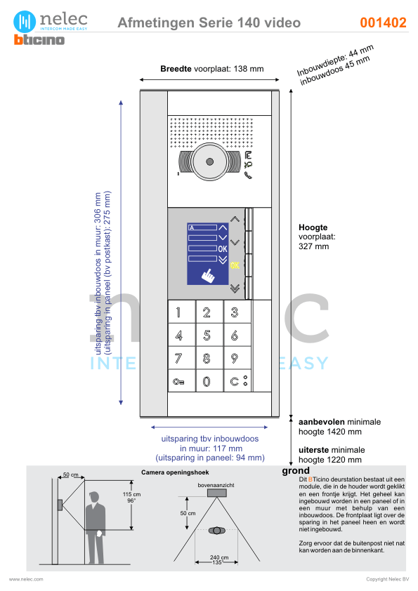 Afmetingen BTIcino intercom Serie 140V deurstation Afmetingen van BTIcino Serie 140V deurstation