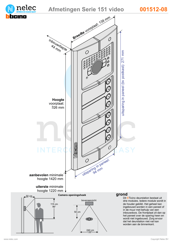 Afmetingen van BTIcino Serie 151V deurstation met 8 BTicino beldrukkers