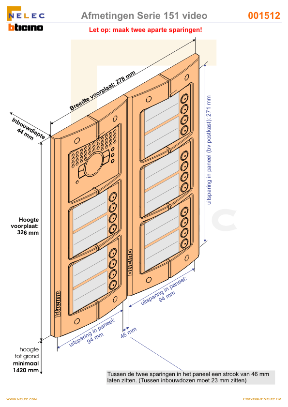 Afmetingen van BTIcino Serie 151V deurstation met 20 BTicino beldrukkers