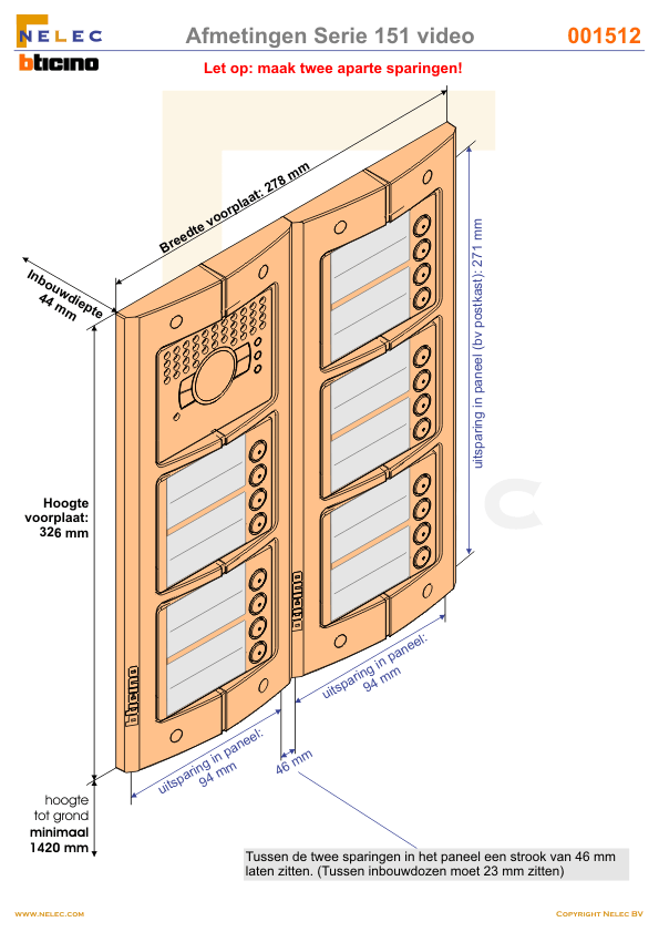 Afmetingen BTIcino intercom Serie 151V deurstation met 20 BTicino beldrukkers Afmetingen van BTIcino Serie 151V deurstation met 20 BTicino beldrukkers