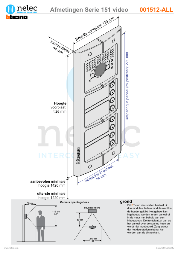 Afmetingen van BTIcino Serie 151V deurstation