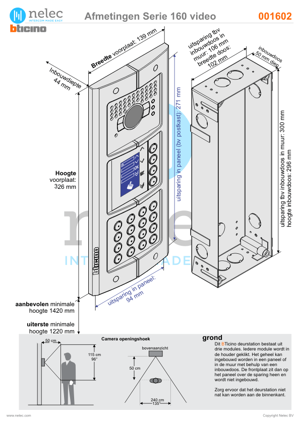 Afmetingen van BTIcino Serie 160V deurstation