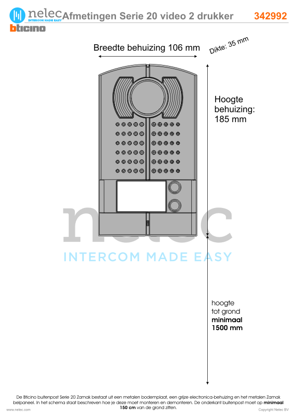 Afmetingen van BTIcino Serie 20V opbouw deurstation met 2 drukkers