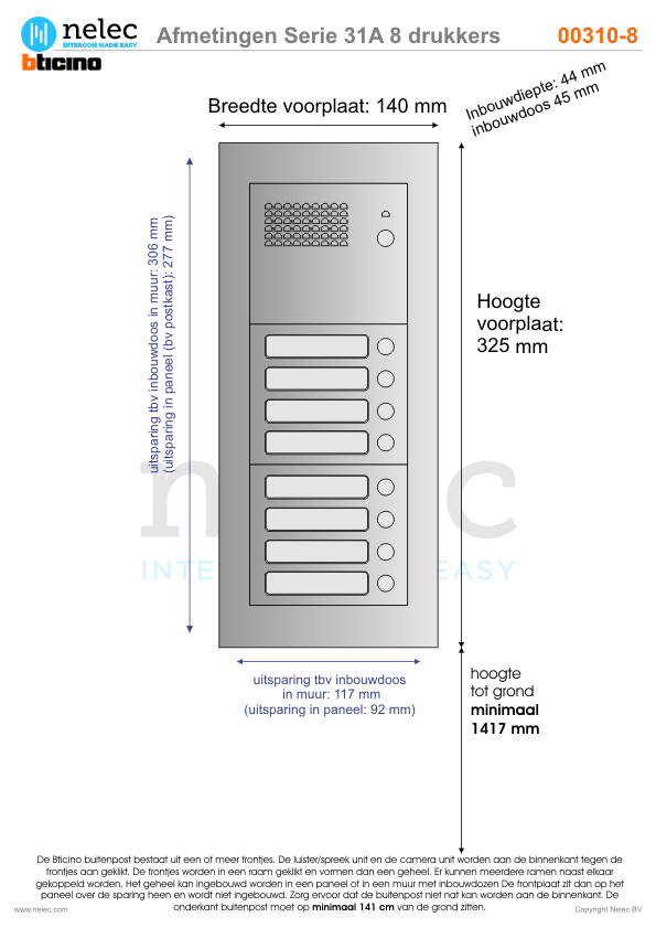 Afmetingen van BTIcino Serie 31A deurstation met 8 BTicino beldrukkers