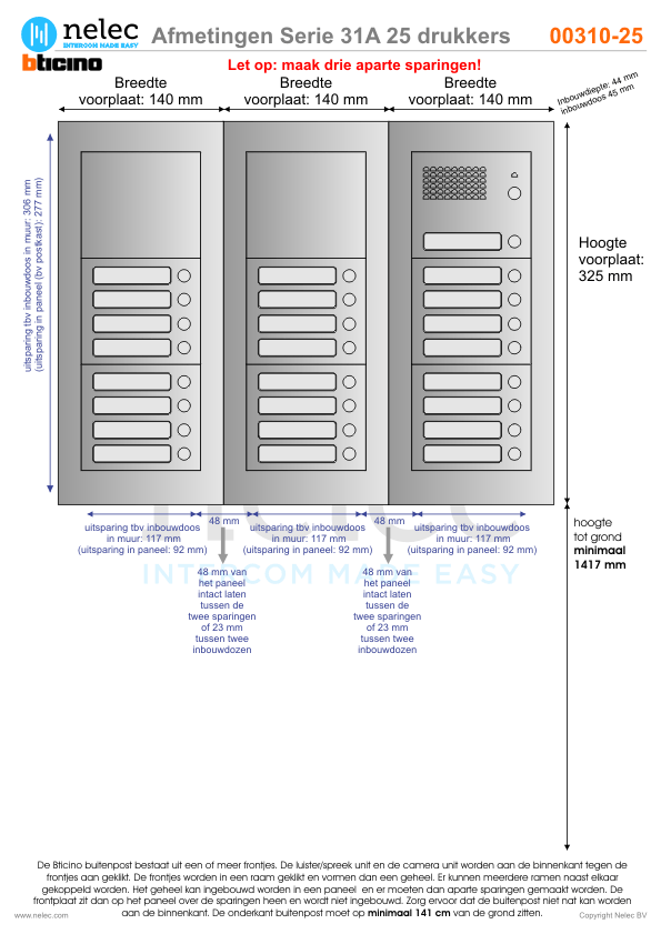 Afmetingen van BTIcino Serie 31A deurstation met 25 BTicino beldrukkers