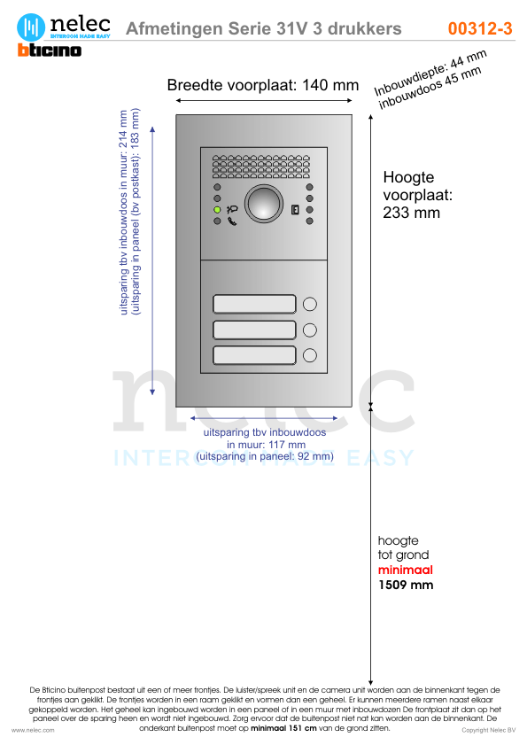 Afmetingen van BTIcino Serie 31V deurstation met 3 BTicino beldrukkers