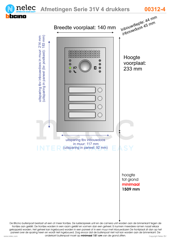 Afmetingen van BTIcino Serie 31V deurstation met 4 BTicino beldrukkers