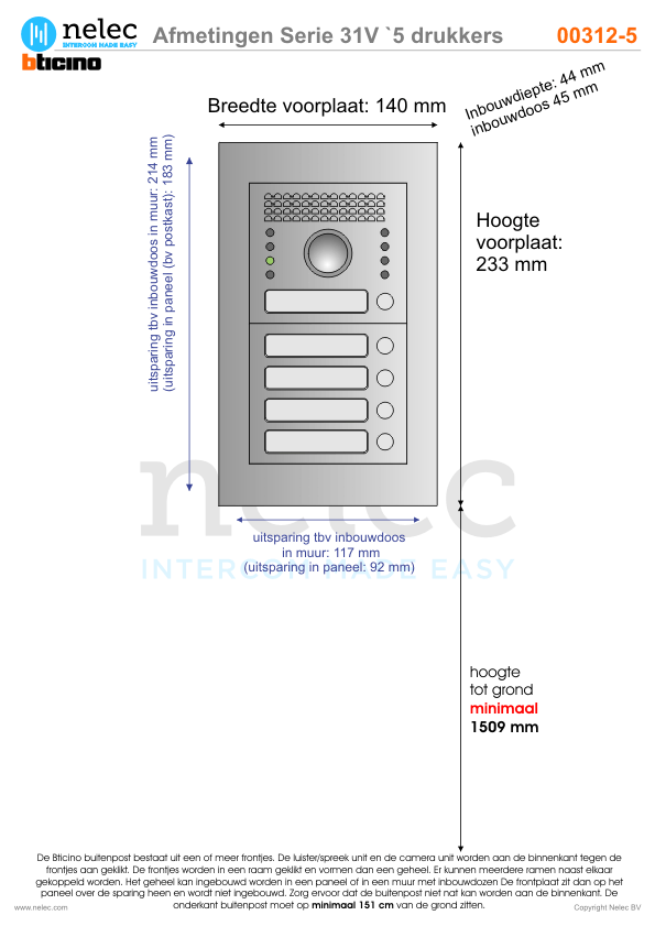 Afmetingen van BTIcino Serie 31V deurstation met 5 BTicino beldrukkers