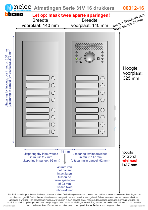 Afmetingen van BTIcino Serie 31V deurstation met 16 BTicino beldrukkers