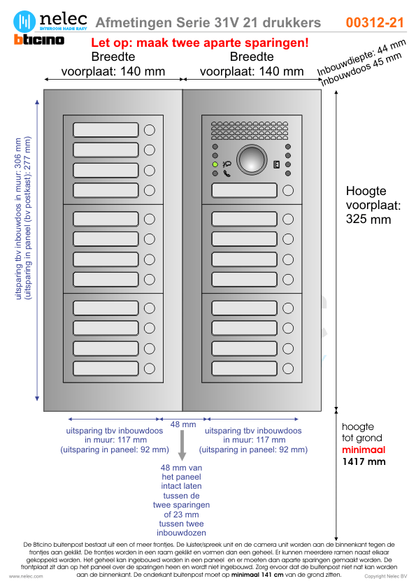 Afmetingen van BTIcino Serie 31V deurstation met 21 BTicino beldrukkers