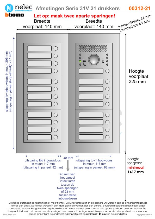 Afmetingen BTIcino intercom Serie 31V deurstation met 21 BTicino beldrukkers Afmetingen van BTIcino Serie 31V deurstation met 21 BTicino beldrukkers
