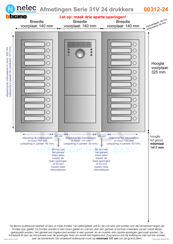 Afmetingen van BTIcino Serie 31V deurstation met 24 BTicino beldrukkers