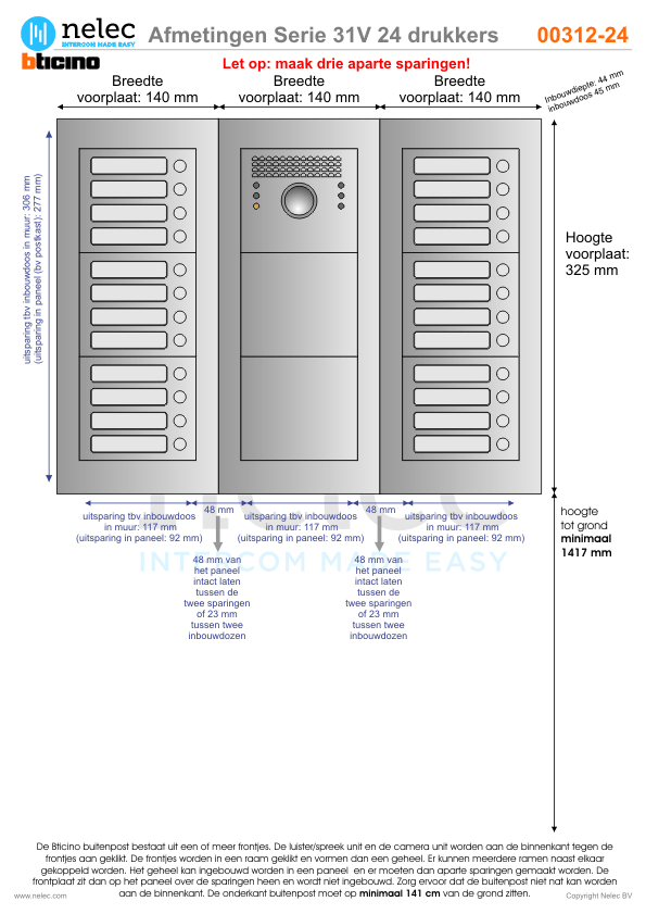 Afmetingen BTIcino intercom Serie 31V deurstation met 24 BTicino beldrukkers Afmetingen van BTIcino Serie 31V deurstation met 24 BTicino beldrukkers