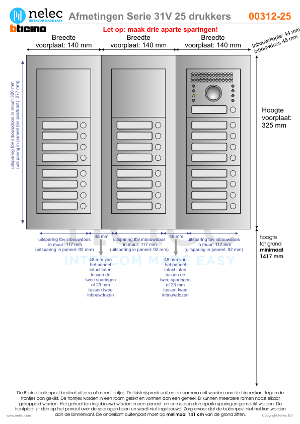 Afmetingen van BTIcino Serie 31V deurstation met 25 BTicino beldrukkers
