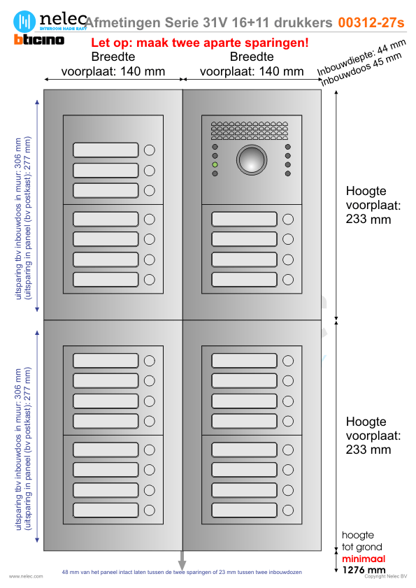 Afmetingen van BTIcino Serie 31V deurstation met 27 BTicino beldrukkers