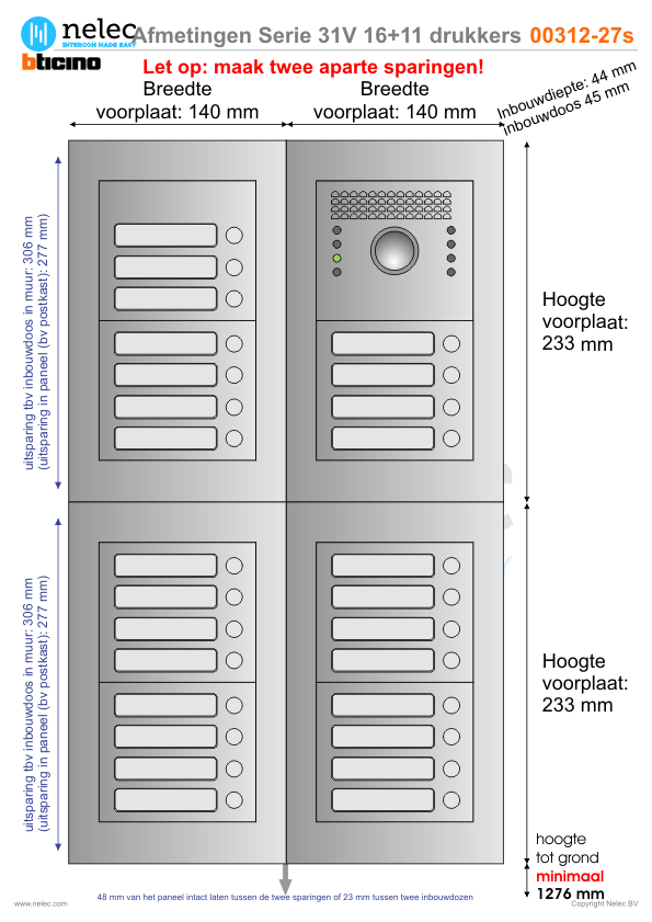 Afmetingen BTIcino intercom Serie 31V deurstation met 27 BTicino beldrukkers Afmetingen van BTIcino Serie 31V deurstation met 27 BTicino beldrukkers