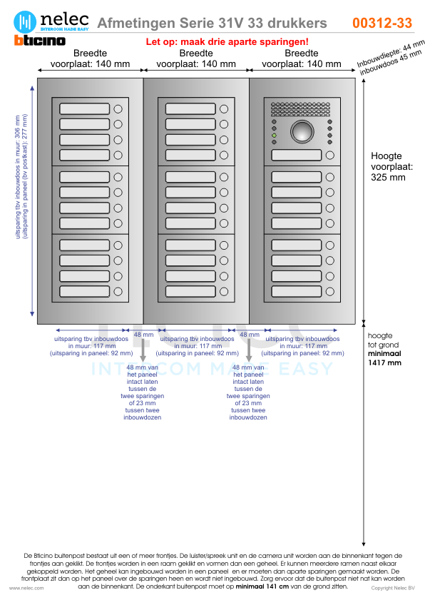 Afmetingen van BTIcino Serie 31V deurstation met 33 BTicino beldrukkers
