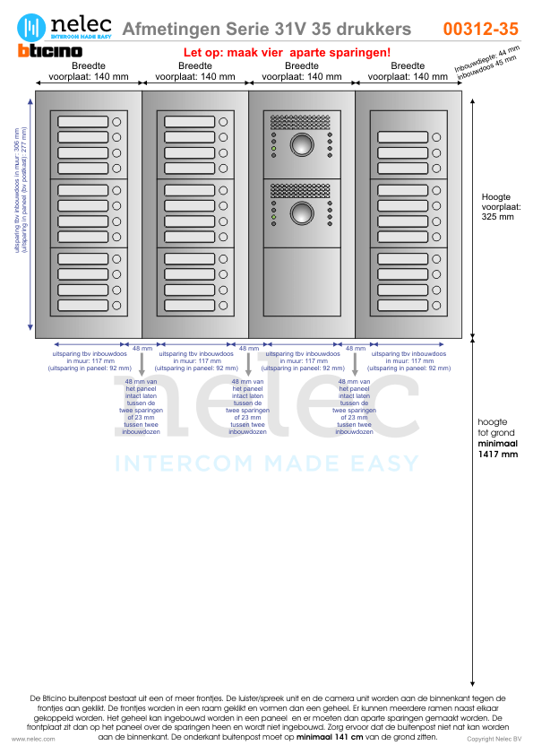 Afmetingen van BTIcino Serie 31V deurstation met 35 BTicino beldrukkers