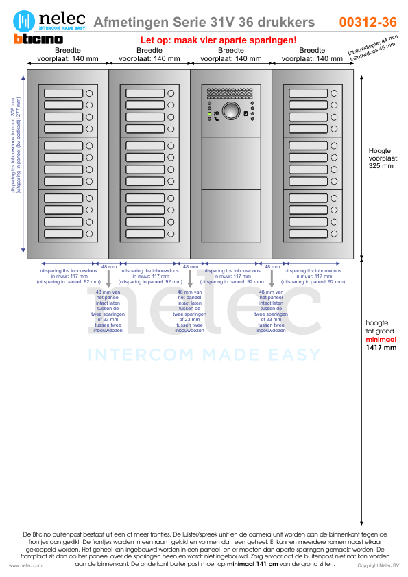 Afmetingen van BTIcino Serie 31V deurstation met 36 BTicino beldrukkers