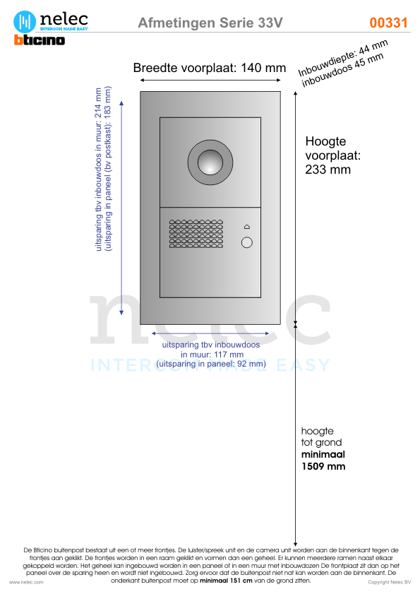 Afmetingen van BTIcino Serie 33V deurstation