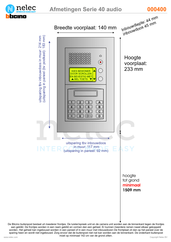 Afmetingen van BTIcino Serie 40A deurstation