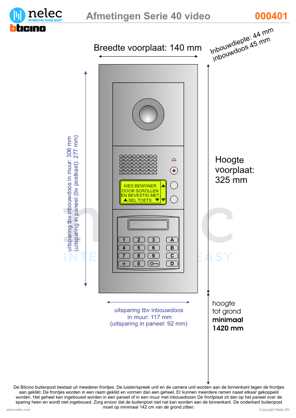 Afmetingen BTIcino intercom Serie 40V deurstation Afmetingen van BTIcino Serie 40V deurstation