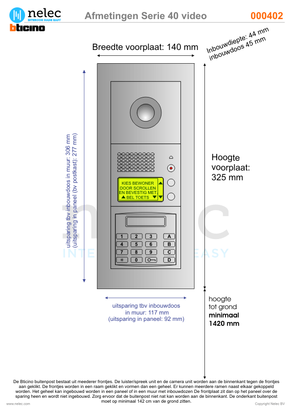 Afmetingen van BTIcino Serie 40VC deurstation