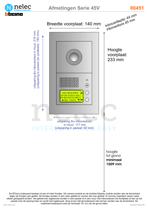 Afmetingen BTIcino intercom Serie 45V deurstation Afmetingen van BTIcino Serie 45V deurstation