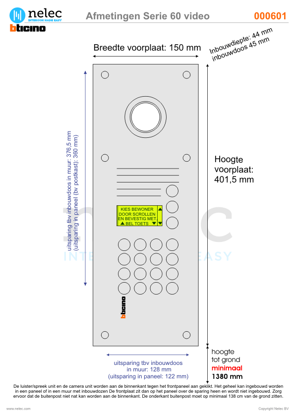 Afmetingen BTIcino intercom Serie 60V deurstation Afmetingen van BTIcino Serie 60V deurstation