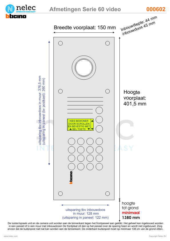 Afmetingen van BTIcino Serie 60VC deurstation