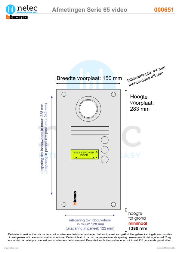 Afmetingen BTIcino intercom Serie 66V deurstation Afmetingen van BTIcino Serie 66V deurstation