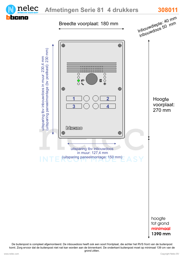 Afmetingen van BTIcino Serie 81V deurstation met 4 drukkers